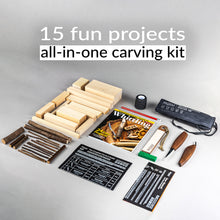 Load image into Gallery viewer, Hutsuls K.37 Wood Carving Kit for Beginners - Pre-Sized Basswood Carving Blocks & Sticks for 15 Projects, All-in-One Wood Whittling Kit for Beginners, Includes Wood Whittling Book for Beginners Kids