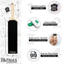 Load image into Gallery viewer, Hutsuls Leather Strop for Knife Sharpening 3x9 Double Sided Paddle Strop Block, Ergonomic Knife Strop Handle & Stropping Leather Knife Sharpener Guide