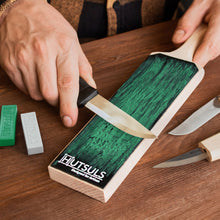 Load image into Gallery viewer, Hutsuls Leather Strop for Knife Sharpening 3x9 Double Sided Paddle Strop Block, Ergonomic Knife Strop Handle & Stropping Leather Knife Sharpener Guide