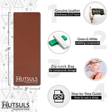 Load image into Gallery viewer, Hutsuls Knife Stropping Leather for Sharpening - Get Razor-Sharp Edges with Leather Strop for Knife Sharpening Easy to Use Leather Sharpening Strop with Green & White Strop Compound Step-by-Step Guide