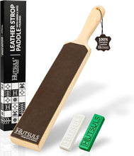 Load image into Gallery viewer, Hutsuls Leather Strop for Knife Sharpening - Top-Tier Double Sided Knife Stropping Kit with White & Green Paddle Strop Compound, Easy to Use Sharpener Leather Knife Strop Kit for Razor Sharp Edges