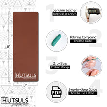 Load image into Gallery viewer, Hutsuls Brown Leather Strop with Compound - Stropping Kit, Green Honing Compound & Vegetable Tanned Two Sided Leather Strop Knife Sharpener