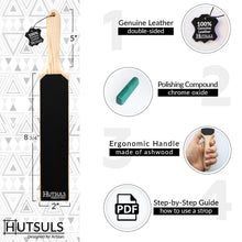 Load image into Gallery viewer, Hutsuls Double Sided Strop Paddle - Knife Strop Kit, Easy to Use Quality Leather Strop Sharpener with Ergonomic Handle & Leather Honing Strop Guide