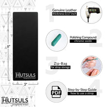 Load image into Gallery viewer, Hutsuls Black Leather Strop with Compound - Stropping Kit, Green Honing Compound & Vegetable Tanned Two Sided Leather Strop Knife Sharpener