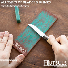 Load image into Gallery viewer, Hutsuls Brown Leather Strop with Compound - Stropping Kit, Green Honing Compound & Vegetable Tanned Two Sided Leather Strop Knife Sharpener