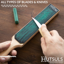 Load image into Gallery viewer, Hutsuls Double Sided Strop Paddle - Knife Strop Kit, Easy to Use Quality Leather Strop Sharpener with Ergonomic Handle & Leather Honing Strop Guide