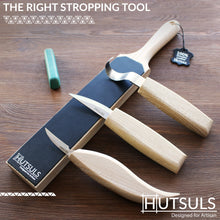 Load image into Gallery viewer, Hutsuls Double Sided Strop Paddle - Knife Strop Kit, Easy to Use Quality Leather Strop Sharpener with Ergonomic Handle & Leather Honing Strop Guide