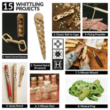 Load image into Gallery viewer, Hutsuls K.37 Wood Carving Kit for Beginners - Pre-Sized Basswood Carving Blocks &amp; Sticks for 15 Projects, All-in-One Wood Whittling Kit for Beginners, Includes Wood Whittling Book for Beginners Kids
