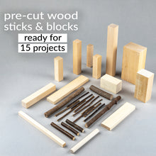 Load image into Gallery viewer, Hutsuls K.37 Wood Carving Kit for Beginners - Pre-Sized Basswood Carving Blocks &amp; Sticks for 15 Projects, All-in-One Wood Whittling Kit for Beginners, Includes Wood Whittling Book for Beginners Kids
