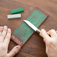 Load image into Gallery viewer, Hutsuls Knife Stropping Leather for Sharpening - Get Razor-Sharp Edges with Leather Strop for Knife Sharpening Easy to Use Leather Sharpening Strop with Green &amp; White Strop Compound Step-by-Step Guide
