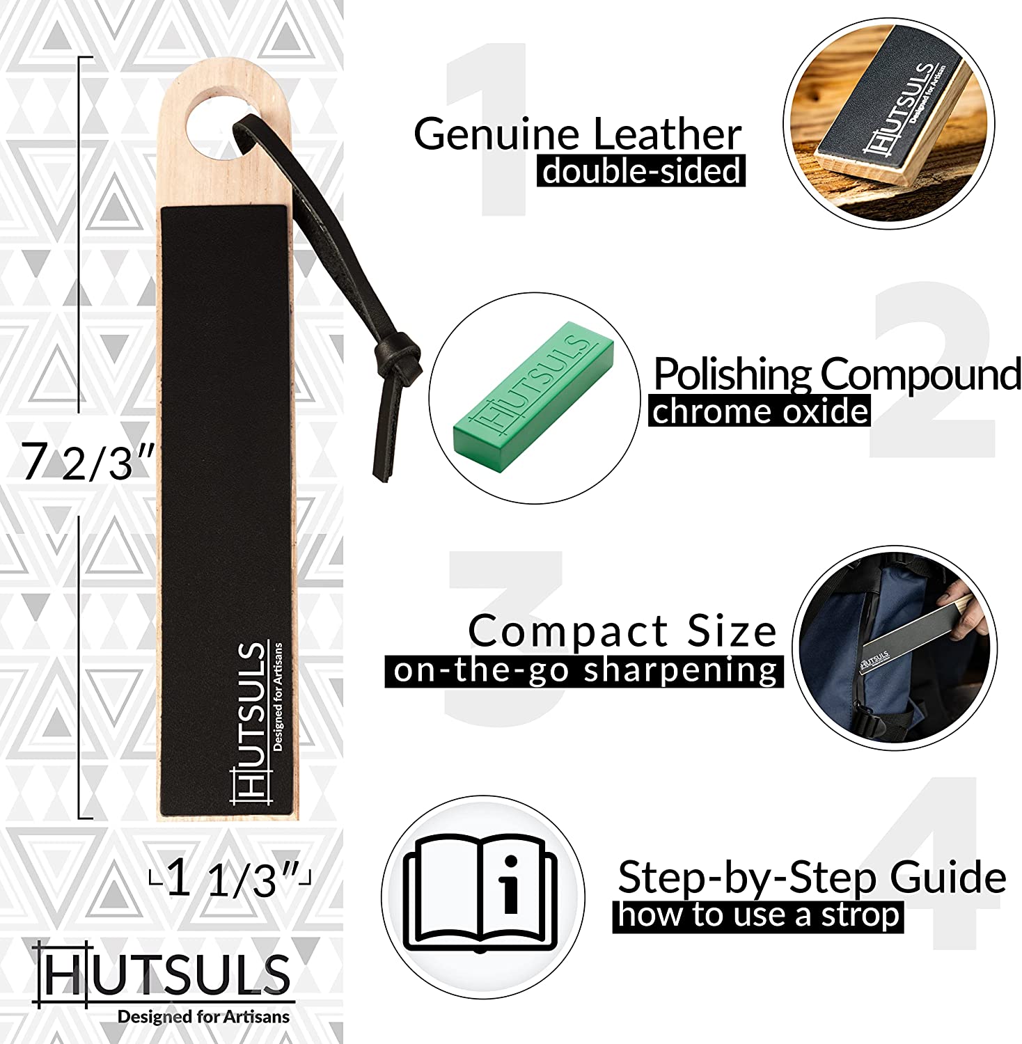 Hutsuls Double Sided Strop Paddle  Get Razor-Sharp Edges with Knife Strop  Kit, Easy to Use Quality Leather Strop Sharpener with Ergonomic Handle &  Leather Honing Strop Step-by-Step Guide is Included –