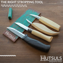 Load image into Gallery viewer, Hutsuls Brown Leather Strop with Compound - Stropping Kit, Green Honing Compound &amp; Vegetable Tanned Two Sided Leather Strop Knife Sharpener
